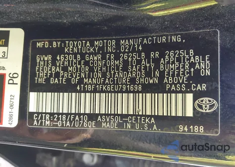 2014 Toyota Camry L из США, поврежденный, VIN 4T1BF1FK6EU791698